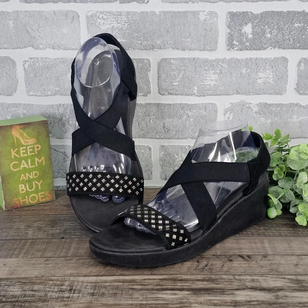 Skechers Rumblers Solar Burst Black Wedge Sandals‎ Women 10 Rhinestone Strappy